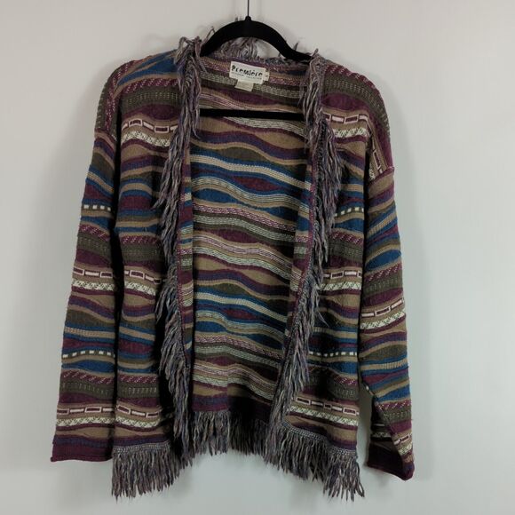 VTG Premiere Designer Collection 3D Knit Wool Blend Cardigan Sweater Fringe Sz M - Picture 1 of 9